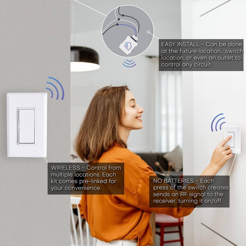 RunLessWire 3-Way On/Off Wireless Battery-Free Remote Light Switch Kit 150ft Range - Light Almond
