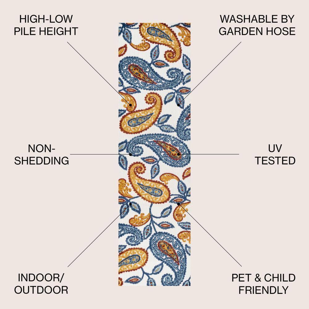 2'x8' Julien Paisley High-Low Indoor/Outdoor Area Rug, Orange/Blue - JONATHAN Y