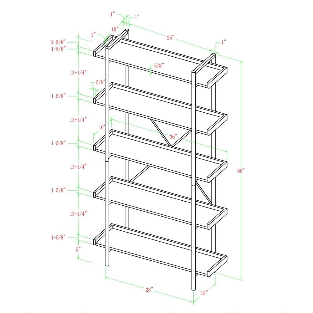 68" Urban Pipe Bookcase with 5 wood Shelves in Barnwood brown