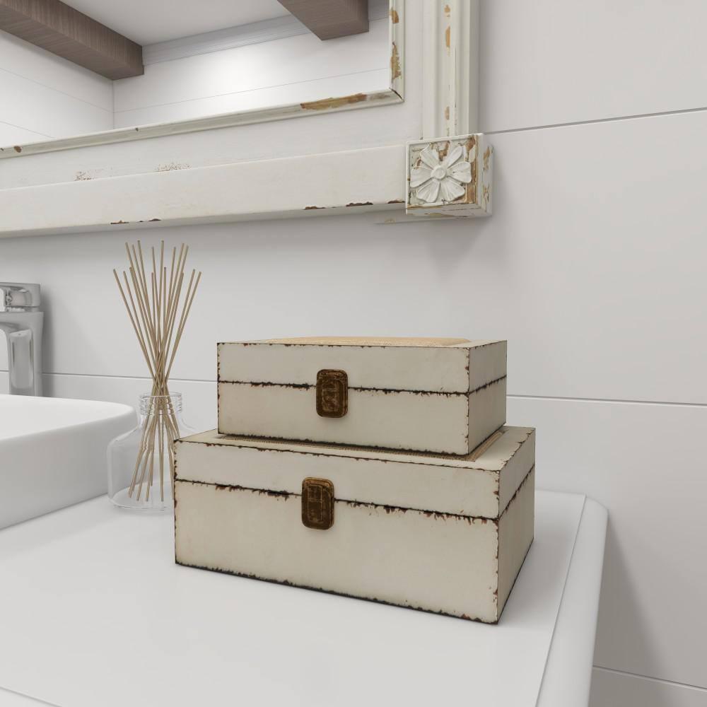 DecMode White Wood Decorative Box with Hinged Lid, 2 Count