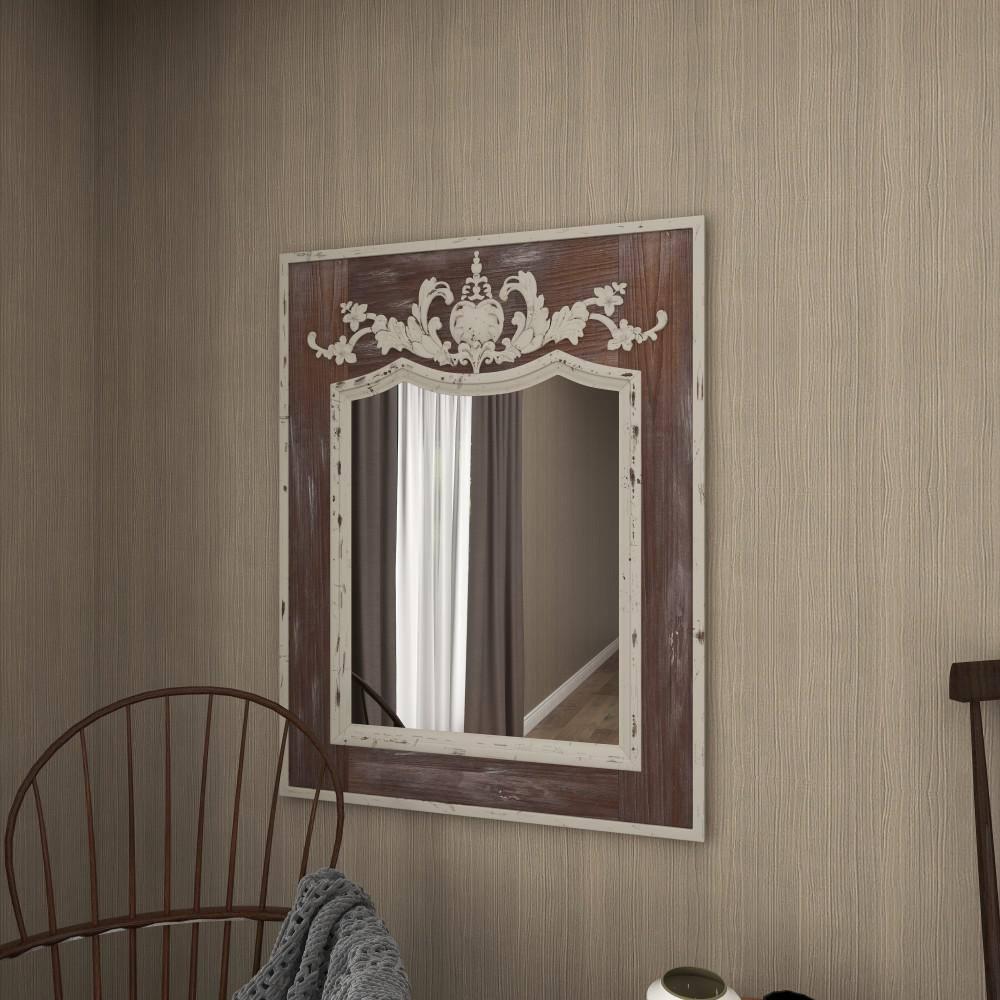 Ophelia & Co. Eberhart Wood Vintage Inspired Acanthus Scroll Floral Brown Wall Mirror with Distressed Cream Accents