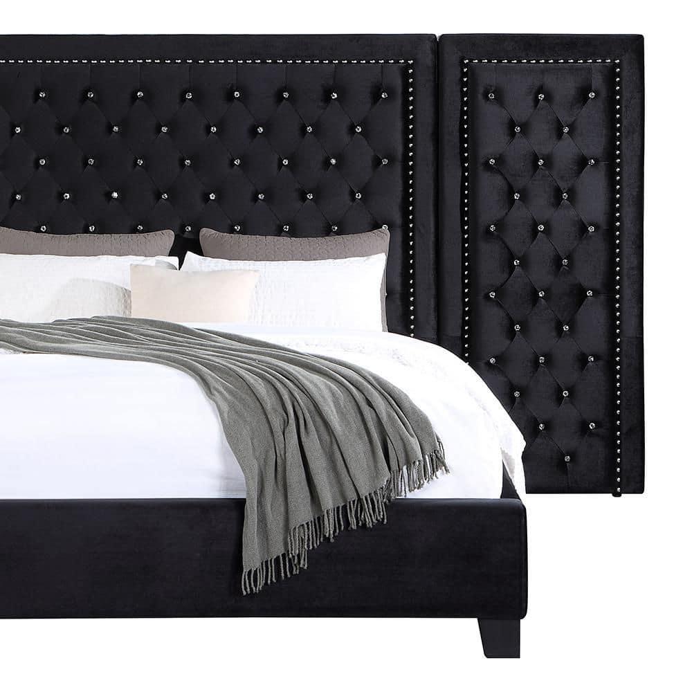 Damazy 86" King Bed Black Velvet - Acme Furniture: Crystal-like Tufting, Nailhead Trim, No Box Spring Required