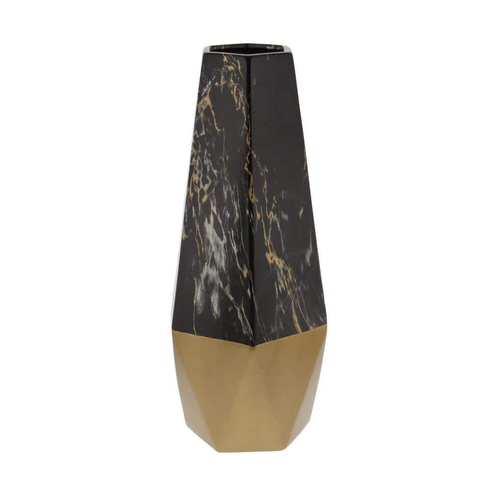 Mercer41 Bhavya Ceramic Faux Marble Decorative Dark Gray Vase with Gold Base
