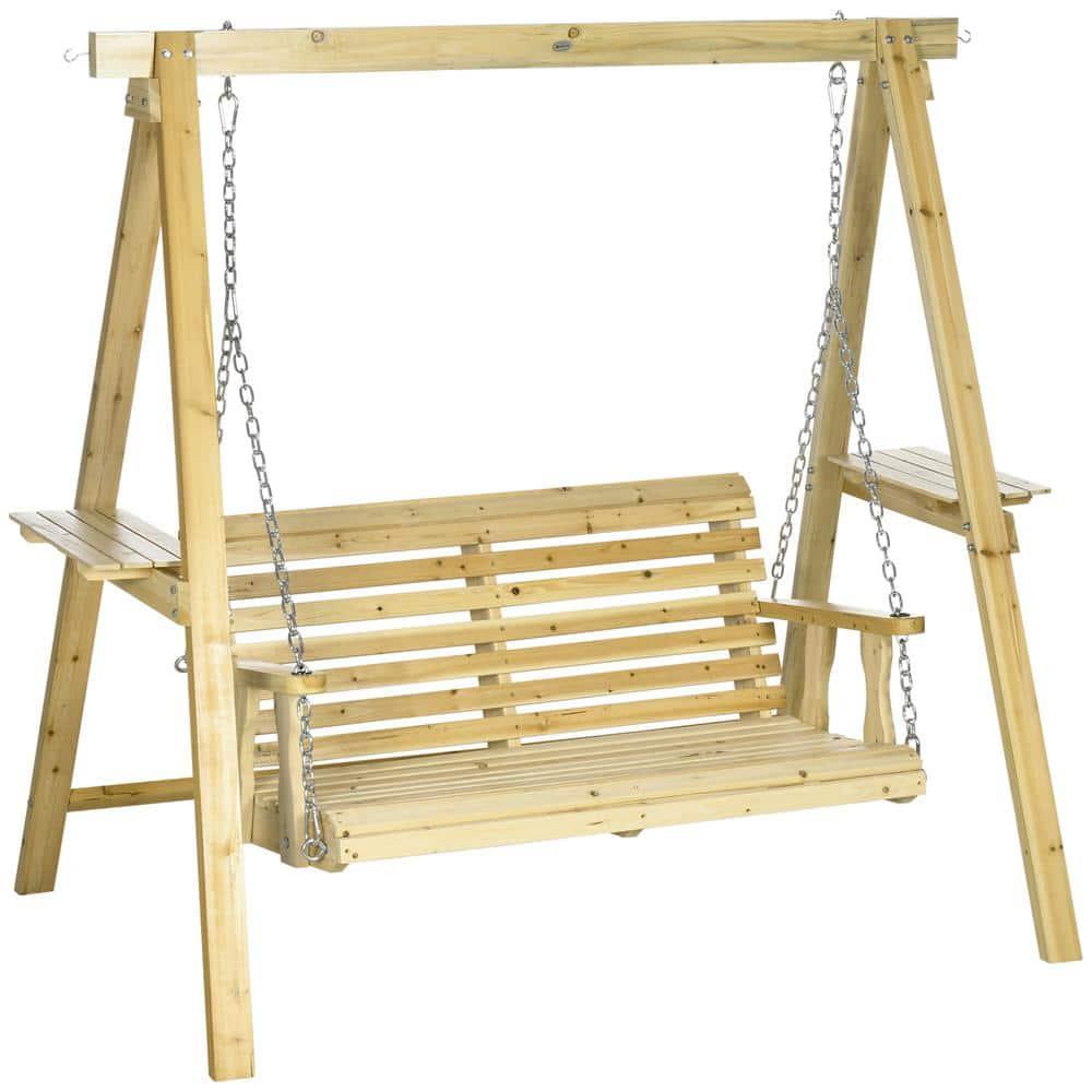 Outsunny 2-Seat Outdoor Swing Chair, Porch Swing with Stand and Side Tables, for Garden, Poolside, Backyard, Natural