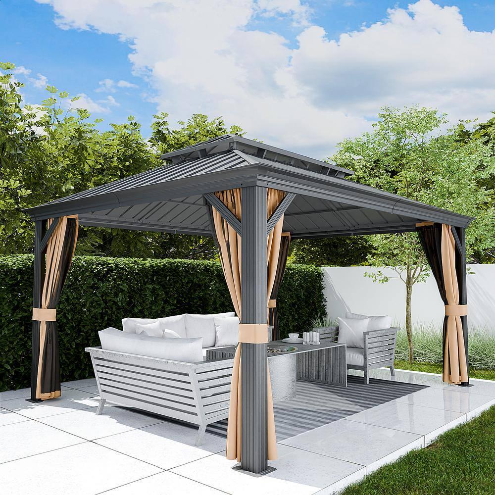 Kozyard Kozyard Alexander Gray Double Roof Hardtop Gazebo with Privacy Curtain Mosquito Netting