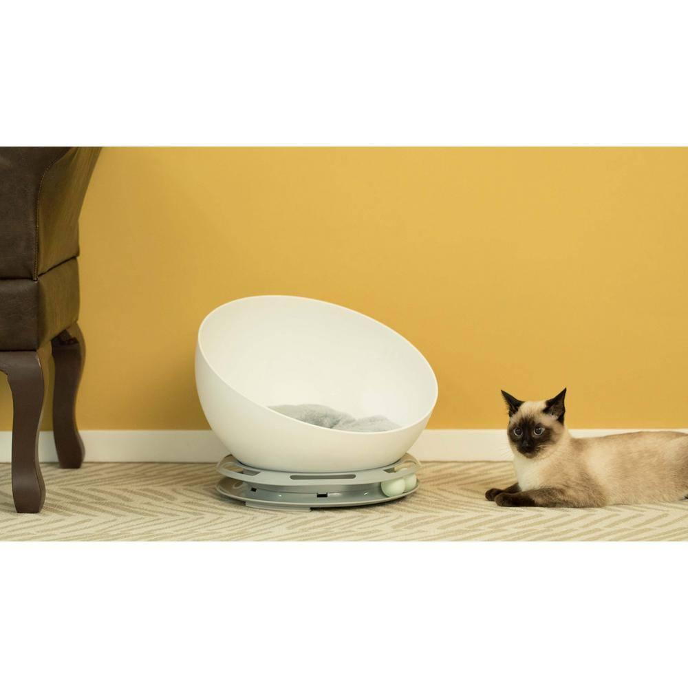White Plastic Round Cat Lounge with Plush Velvet Cushion