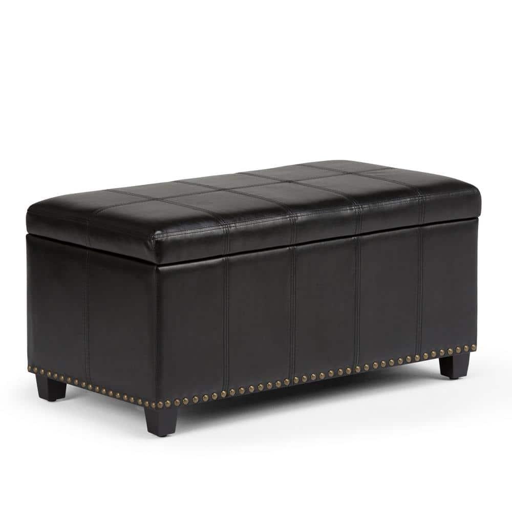 Simpli Home Amelia 34 inch Wide Transitional Rectangle Storage Ottoman Bench in Midnight Black Faux Leather