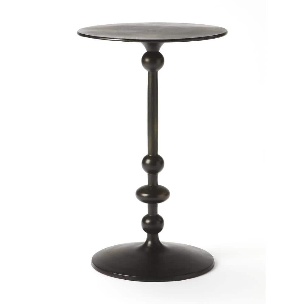 Elegant Round Black Iron and Wood Pedestal End Table