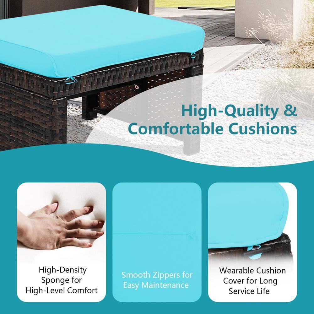 Tangkula 2 PCS Outdoor Wicker Ottoman Patio Rattan Furniture Metal Footrest Seat Square Footstool with Cushion Turquoise
