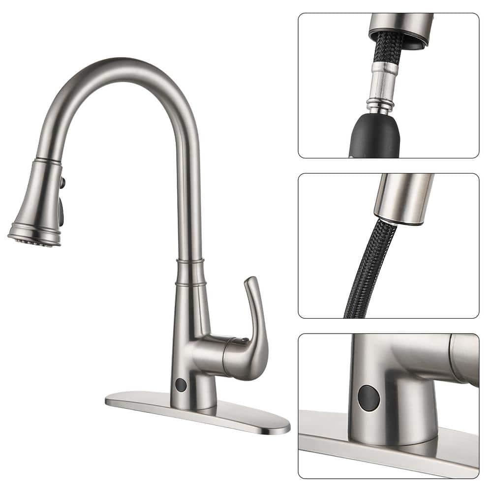 Touchless Gooseneck Single Handle Pull Down Sprayer Kitchen Faucet with Deckplate Pull Out Sink Faucet in Brushed Nickel