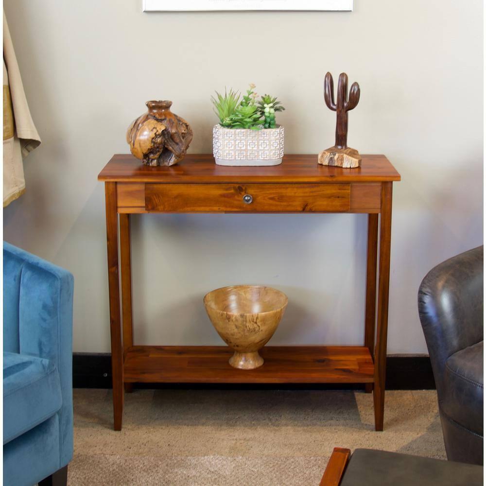 Casual Contemporary Living Solid Acacia Console Table with Drawer & Bottom Shelf- Mahogany