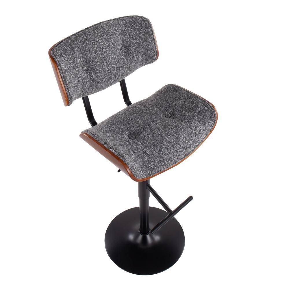 Lombardi Mid-Century Modern Barstool In Black Metal And Grey Noise Fabric With Walnut Wood Accent
