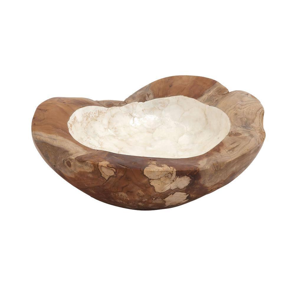 DecMode 16" Handmade Round Live Edge Free Form Brown Teak Wood Decorative Bowl with Capiz Interior