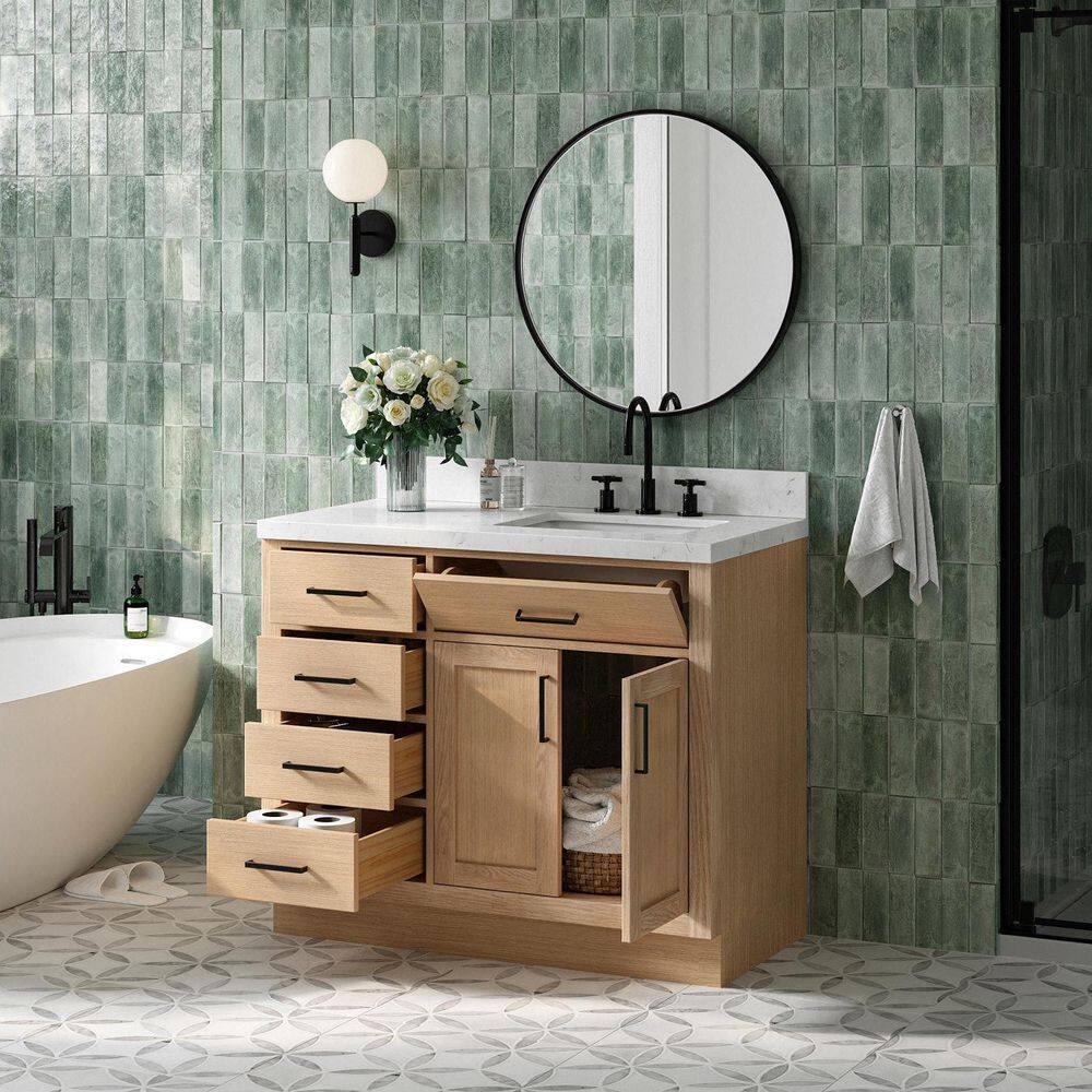 Wildon Home® Tidworth 42'' Solid Wood Single Bathroom Vanity with 1.5'' Carrara Quartz Top, Right Offset Rectangular Sink
