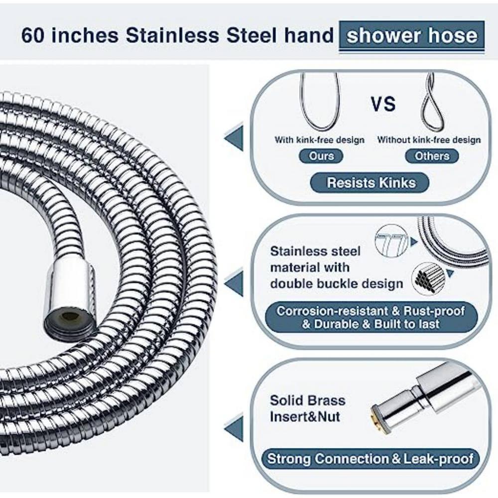 BRIGHT SHOWERS 9 Spray Settings Handheld Shower Head Set High Pressure Chrome Hand Held Showerhead with 60 Inch Flexible Shower Hose and Adjustable Shower Arm Mount Bracket