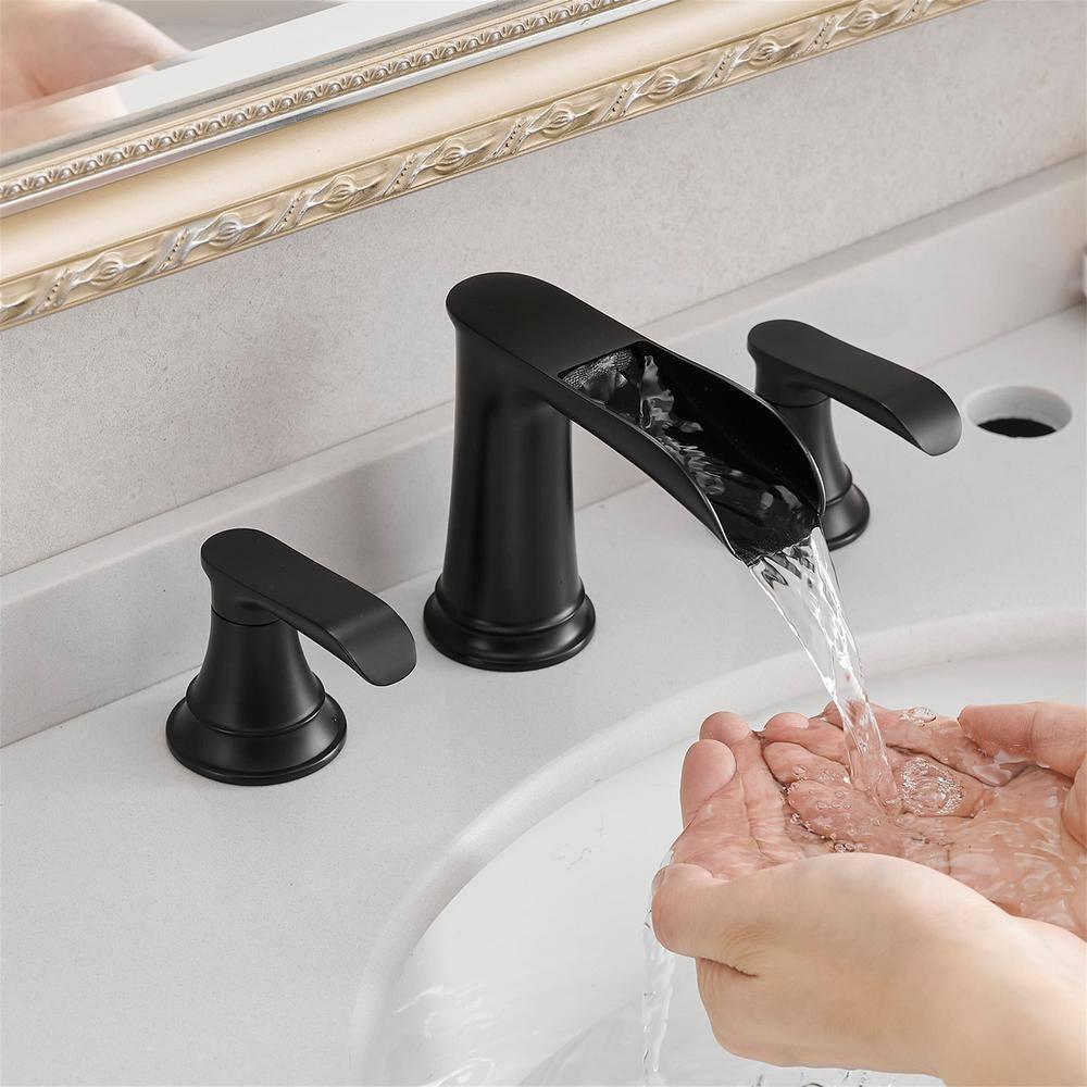 Bathroom Faucet 3 Hole Black, 8 inch Widespread Bathroom Faucet Waterfall Face Basin Faucet for Bathroom Sink, Matte Black (A.Matte Black)