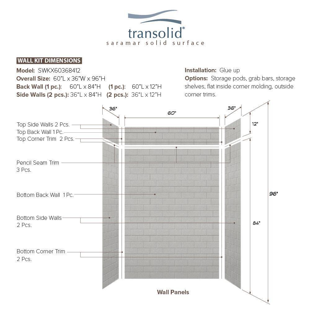Transolid SaraMar 60'' W 36'' D 96'' H Glue Up Solid Surface Wall