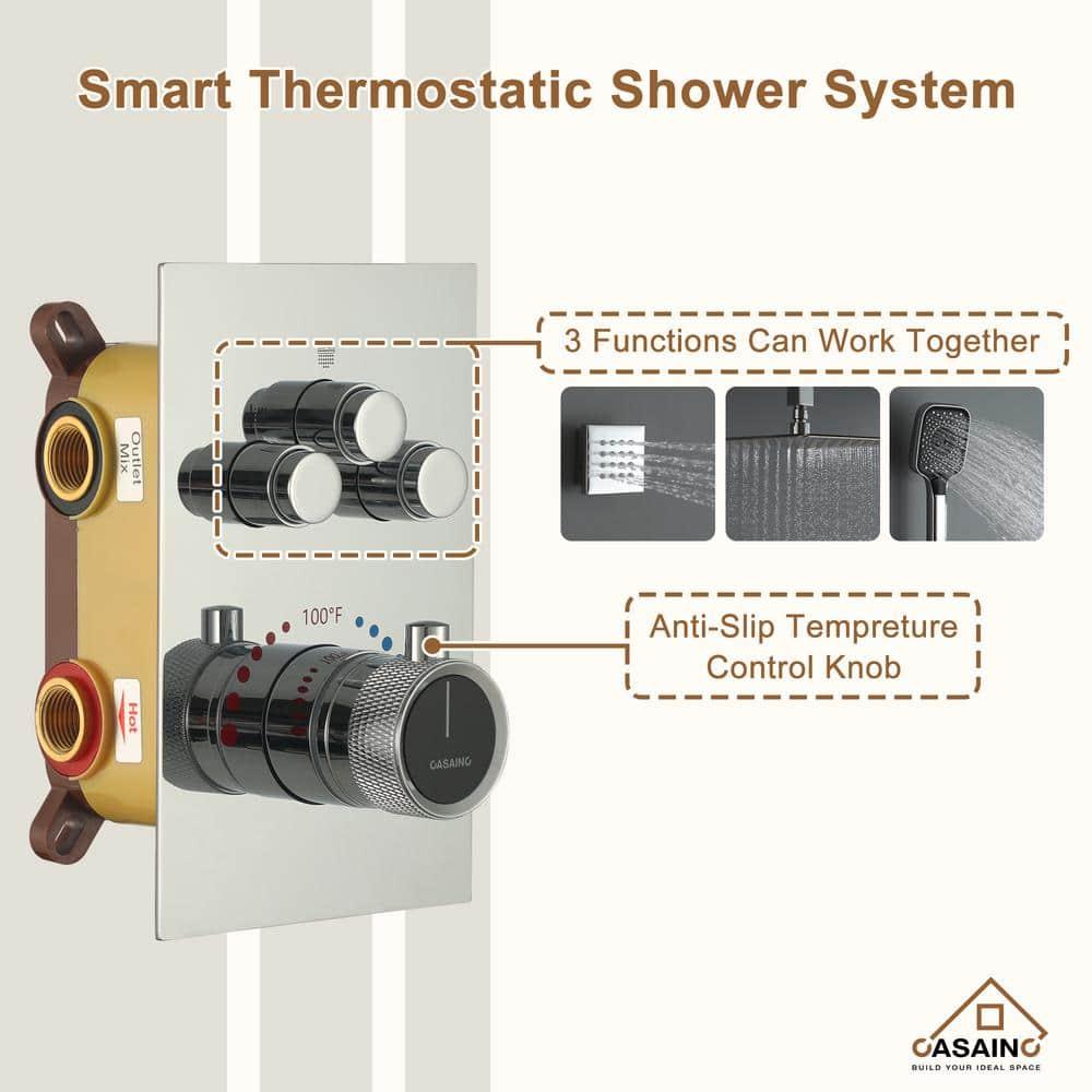 Revitalize 3-Function 12 Inch Ceiling Mount Rainfall Thermostatic Shower System with 6 Body Jets