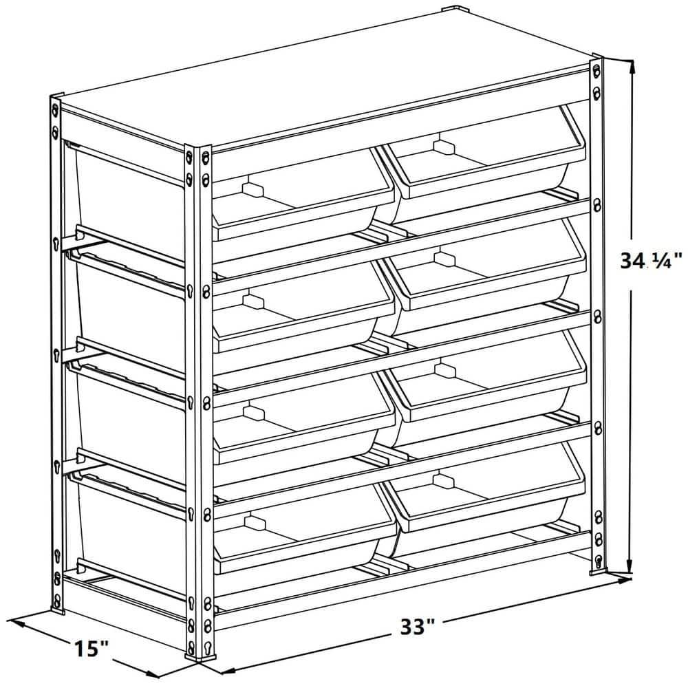 Bin Rack, Shelving Unit with Durable Construction for Easy Organization of Parts and Tools, Boltless Steel Storage System Organizer with 8 Plastic Bins in 4 tiers, Use in Store, Garage,Grey