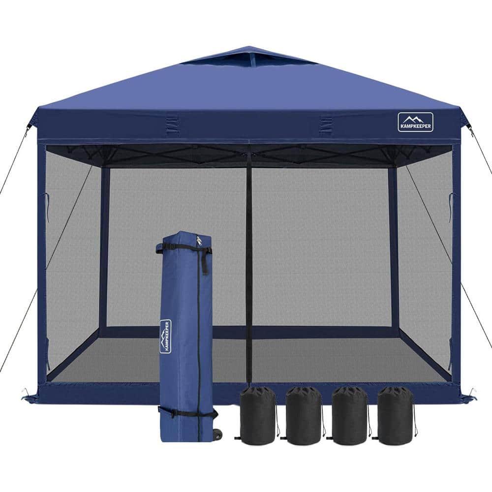 KAMPKEEPER 10x10 Pop Up Canopy Tent with Mosquito Netting - Waterproof Screen Shelter for Sun Shade, Camping, Beach and Outdoor Events, Navy Blue