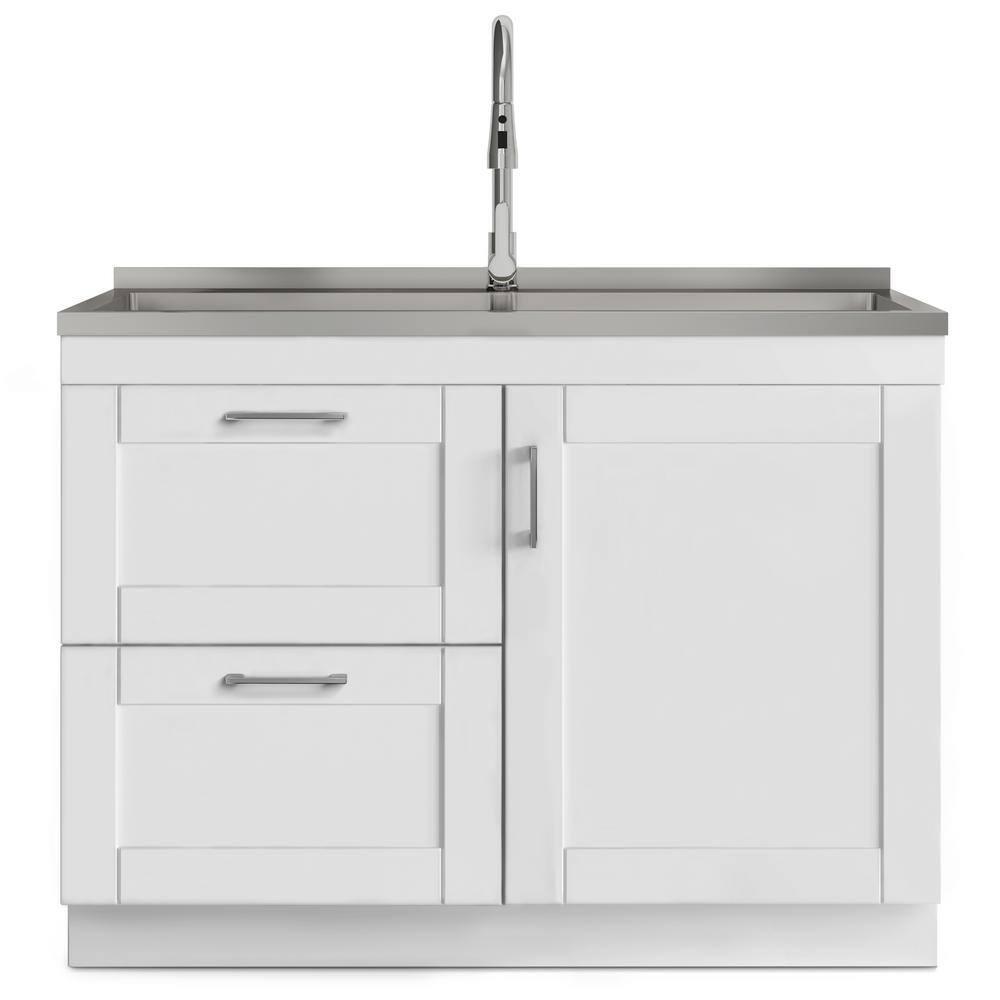 Modern Wide Shaker 46"W Utility Sink & Laundry Cabinet with High-Arc Facet and Stainless Steel Sink, White