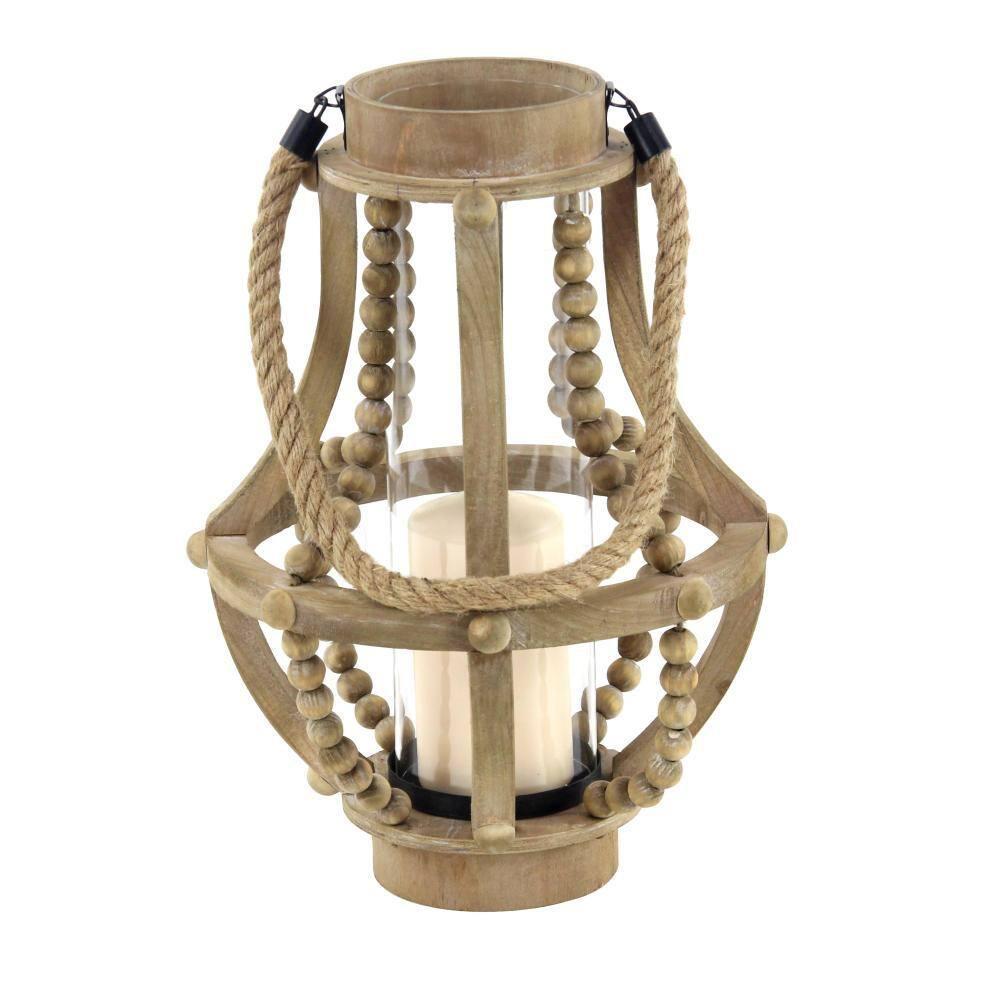 Olivia & May 16" x 10" Rustic Wood/Glass Candle Holder with Rope Handle Beige : Wooden Lantern, Tall Pillar Style