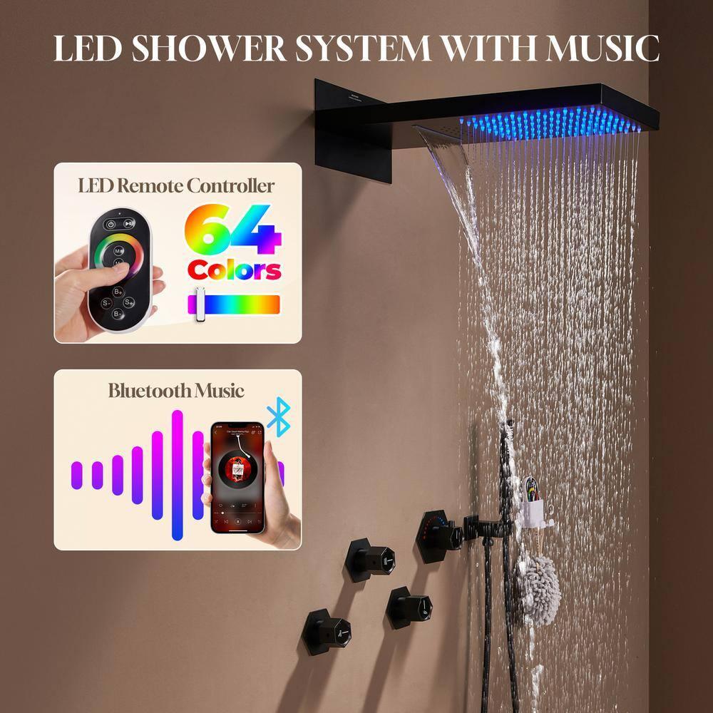 Large Matte Black Dual Shower Head System with LED and Bluetooth Speaker