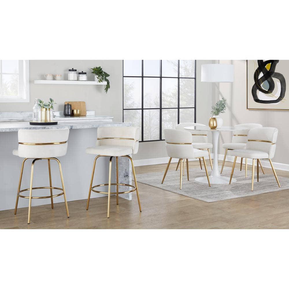 Set of 2 Cinch-Claire Counter Height Barstools Gold/Cream - LumiSource: Velvet Upholstery, Swivel, Metal Legs