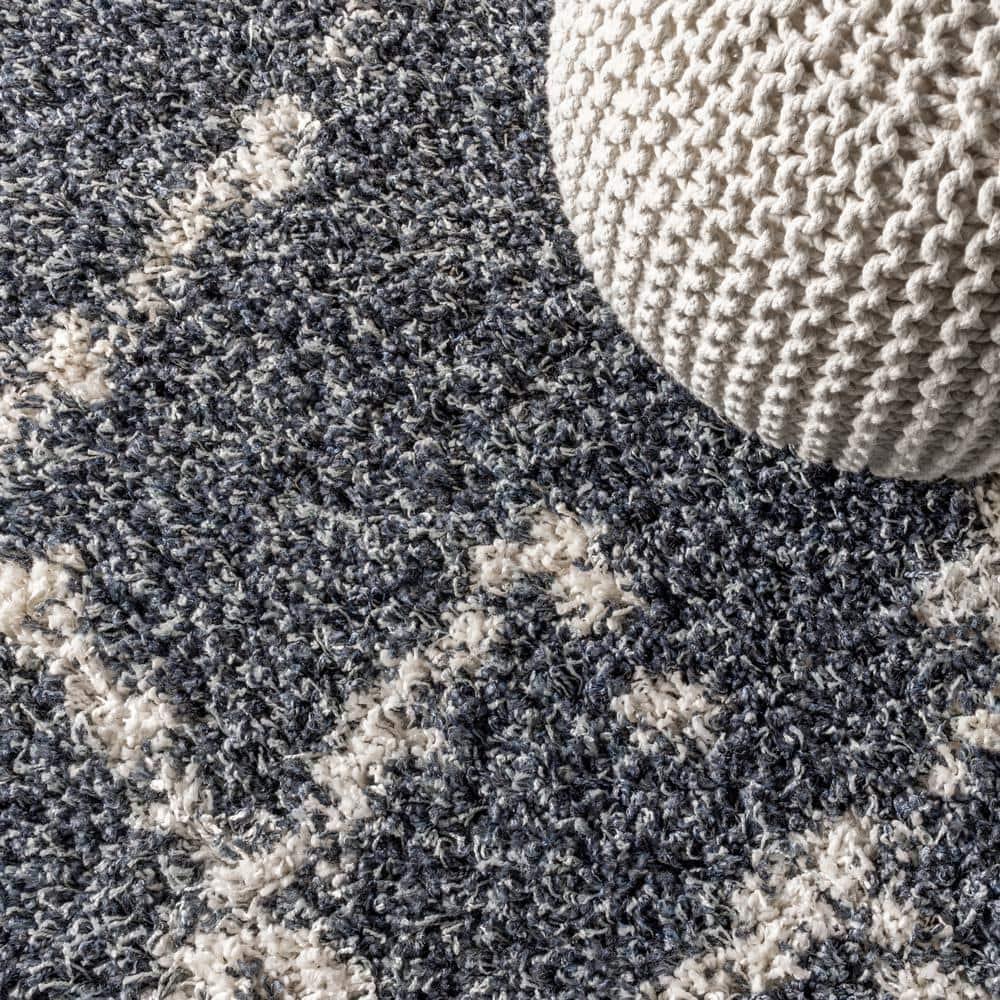2'x8' Mercer Shag Plush Tassel Moroccan Geometric Trellis Area Rug, Denim/Cream - JONATHAN Y