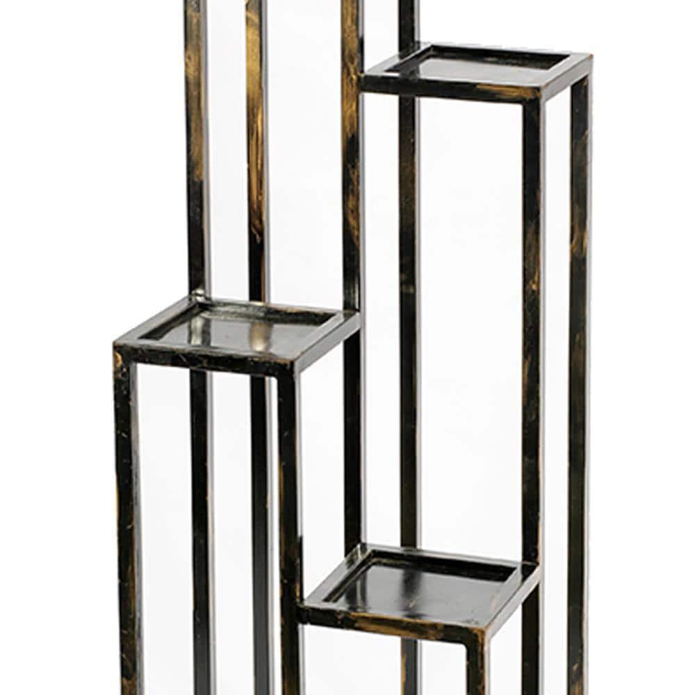 Benjara 4 Tier Cast Iron Frame Plant Stand with Tubular Legs, Black and Gold