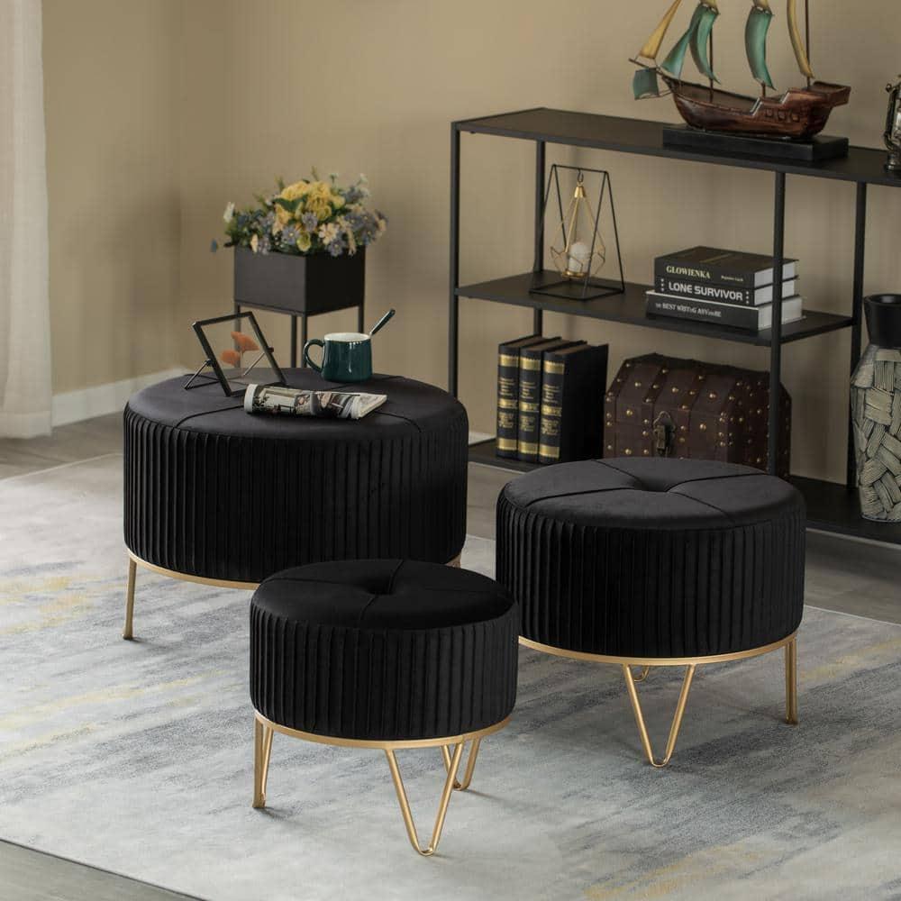 Fabulaxe Round Velvet Ottoman Stool Raised with Hairpin Gold Base, Black, Large