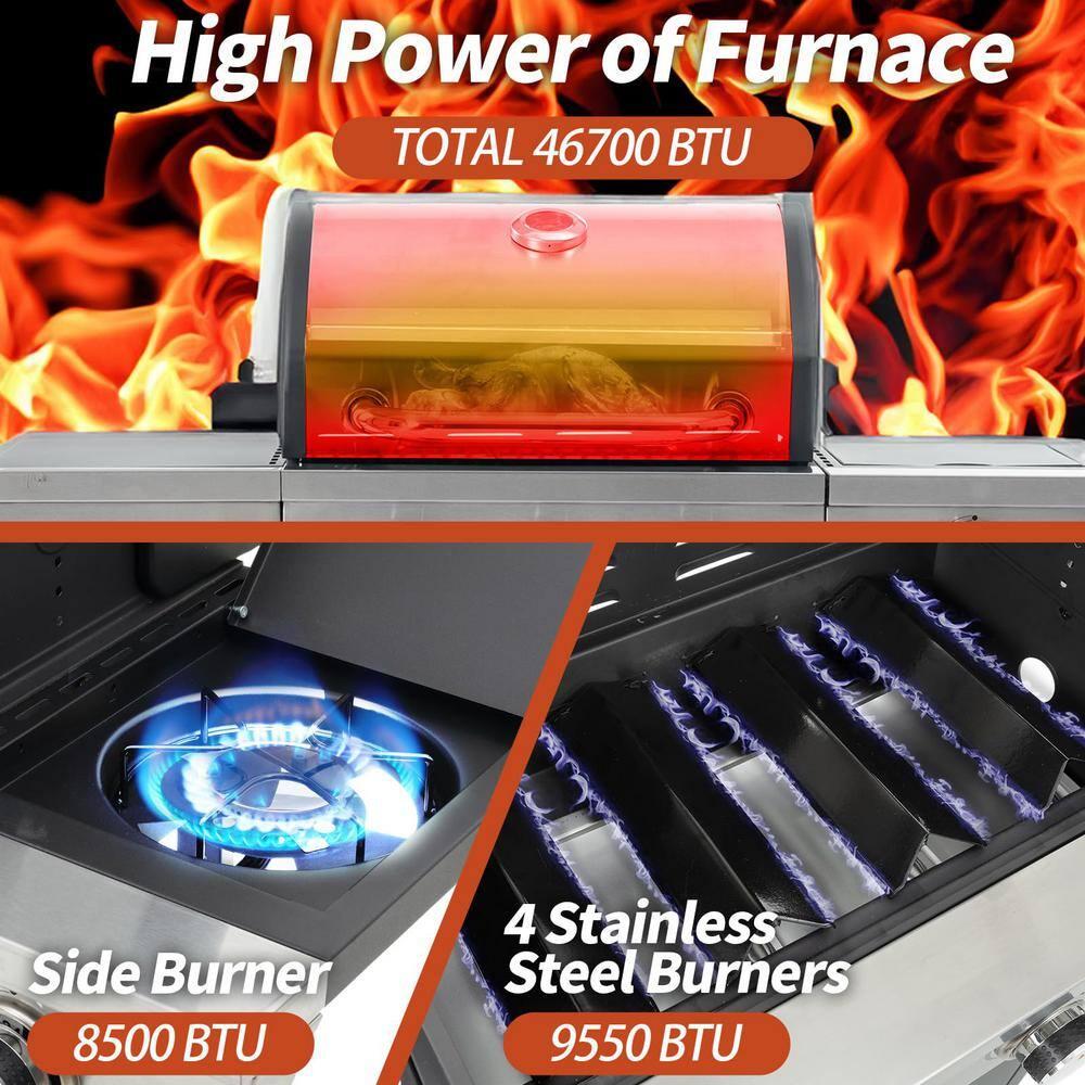 4-Burners Propane Gas Grill with Side Burner & Thermometer, Stainless Steel Propane Grill for Outdoor BBQ and Camping, Patio Backyard Barbecue, 42000 BTU Output