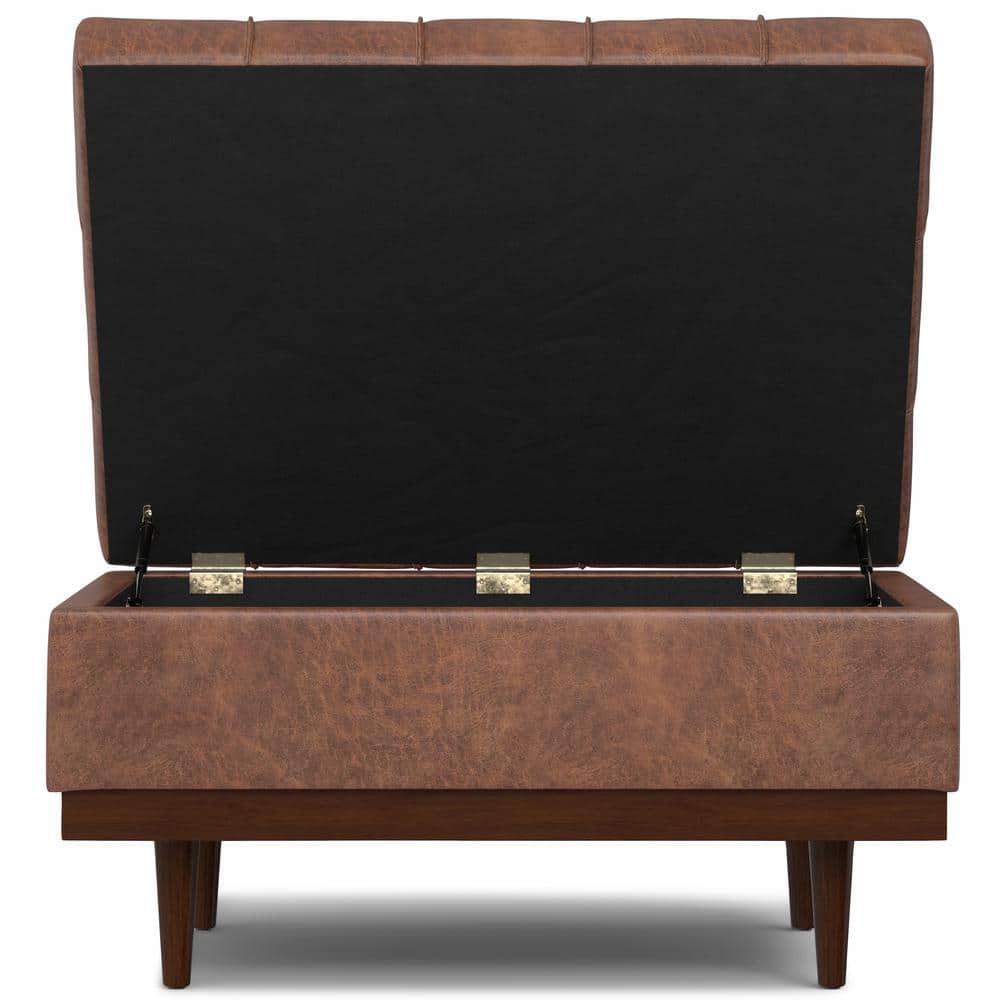 Simpli Home Mariah 34 inch Wide Contemporary Rectangle Coffee Table Storage Ottoman in Distressed Saddle Brown Vegan Faux Leather
