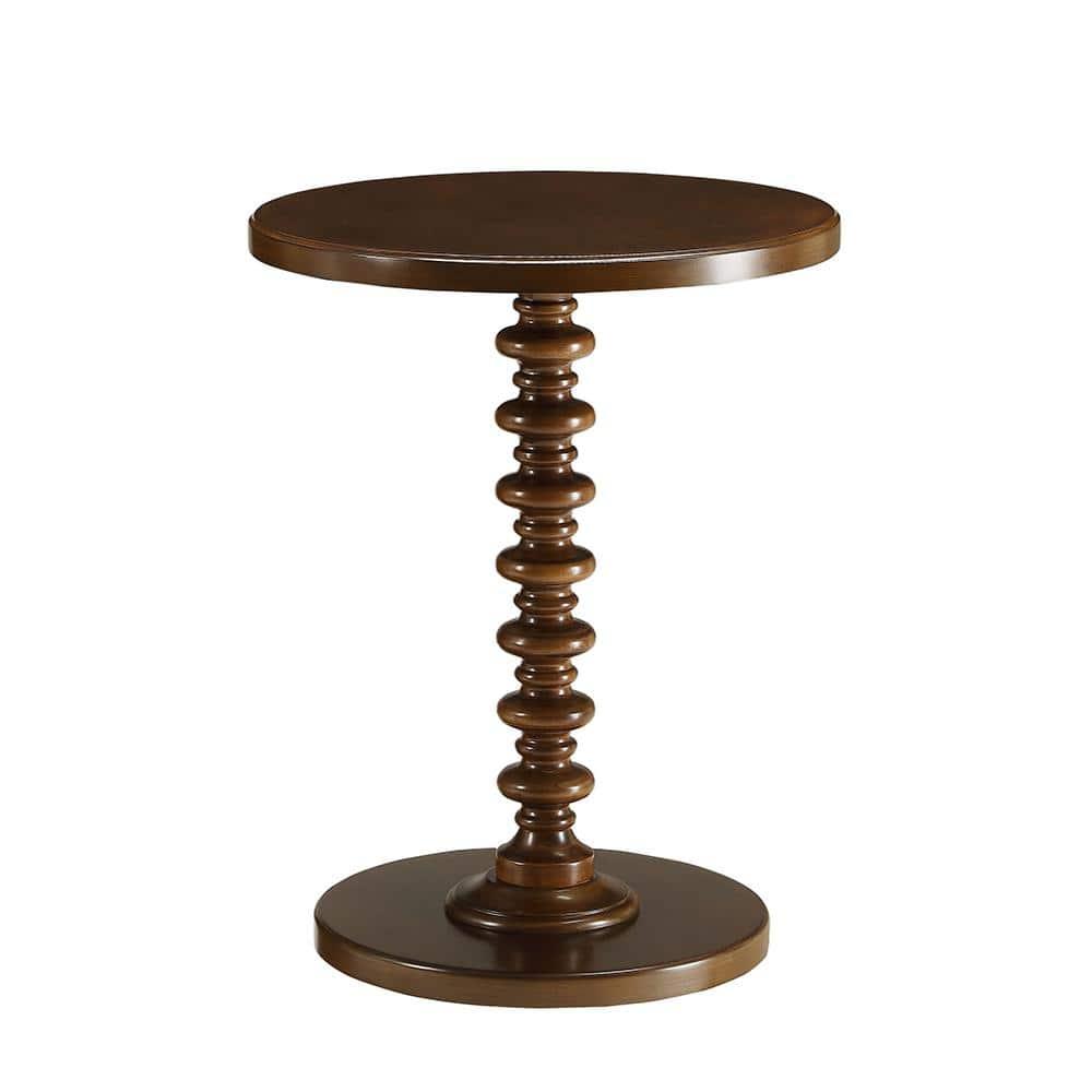 17 Inch Round Wood Side Table, Turned Support, Walnut Brown- Saltoro Sherpi