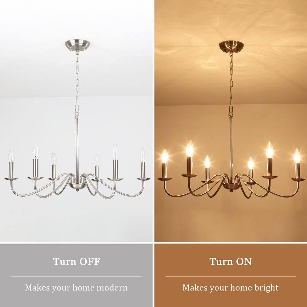 6-Light Farmhouse Chandelier for Dining Room Lighting Fixtures Hanging Brushed Nickel Chandelier for Kitchen Industrial Pendant Candle Lighting or Living Room Entryway Bedroom Foyer