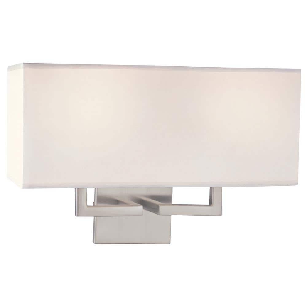 Brushed Nickel 2-Light Wall Sconce with White Fabric Shade