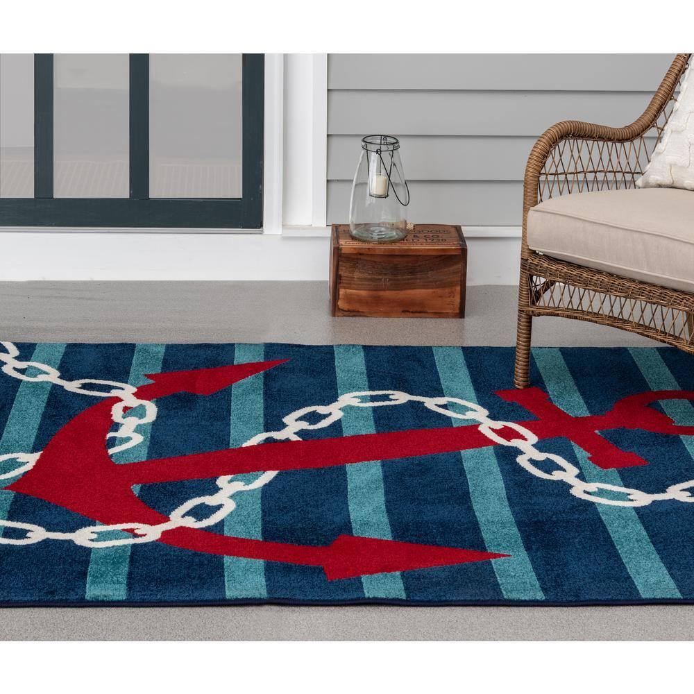 Sapphire & Coral Anchored Stripes 114"x79" Synthetic Area Rug