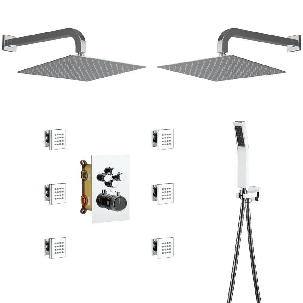 CASAINC CS6228-12CH Dual Shower Head Thermostatic Rainfall Shower System with Rough in-Valve and Shower Body Spray