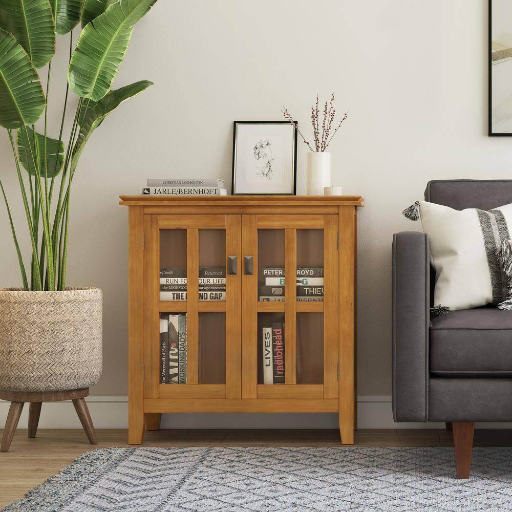 Simpli Home Artisan 30"W Solid Wood 2-Shelf Low Storage Cabinet with Glass Doors and Adjustable Shelves