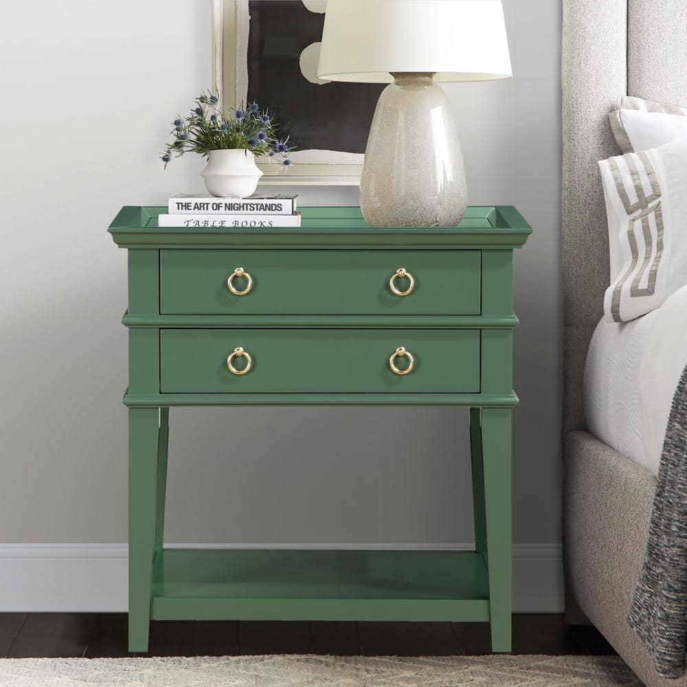 Comfort Pointe Clara Vintage Green Wood 2-Drawer Tray Top Nightstand