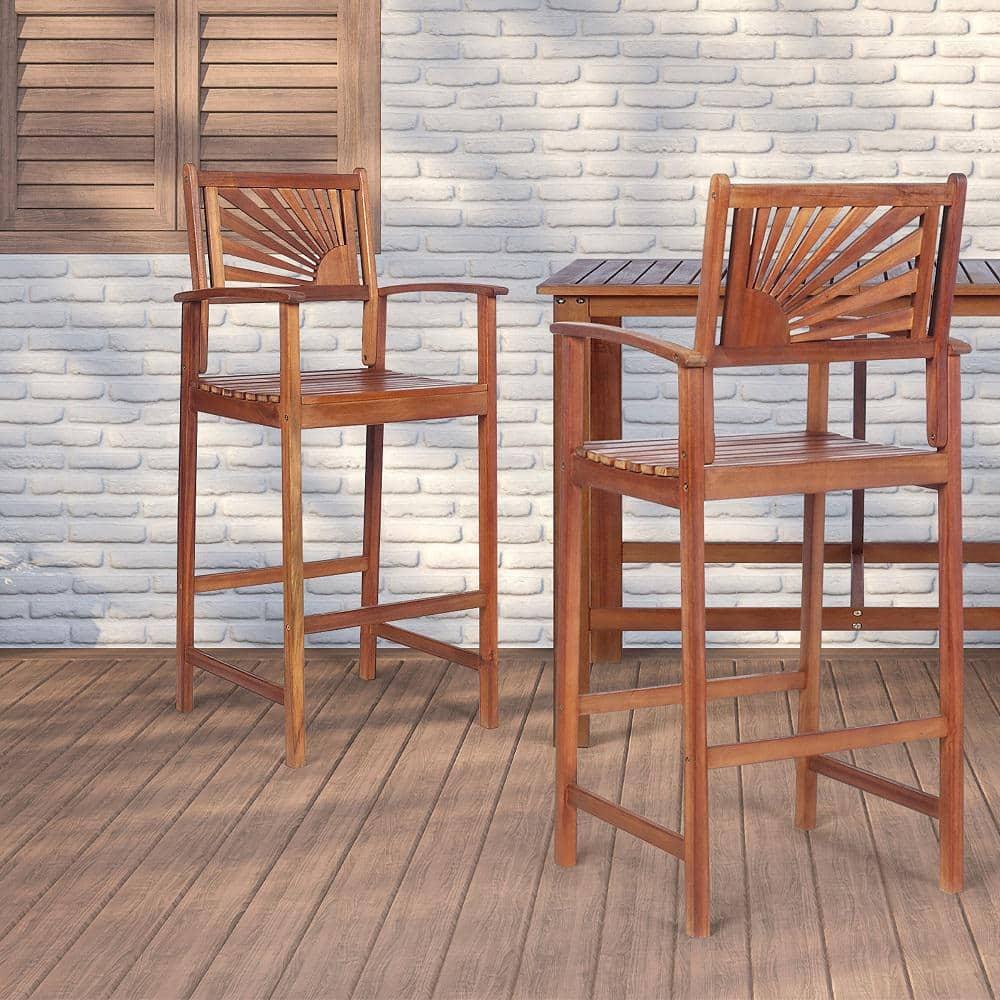 Topbuy Acacia Wood Outdoor Bar Stools with Footrest and Backrest - Set of 2, Reddish Brown