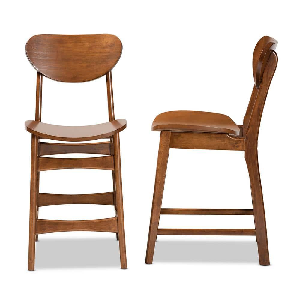 2pc Katya Wood Counter Height Barstool Set Brown - Baxton Studio: Walnut Finish, Polyester Upholstery, Footrests