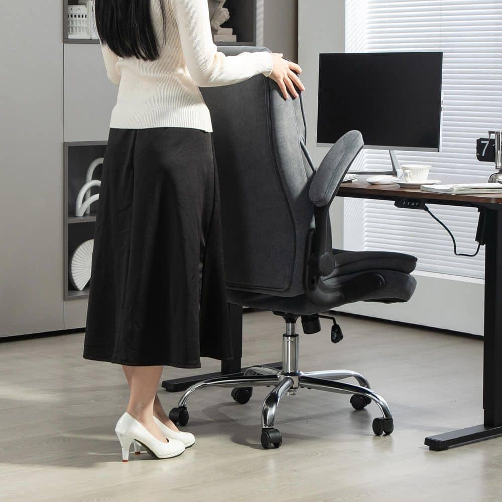 HOMCOM Executive Office Chair, Fabric Comfy Computer Desk Chair with Swivel Wheels, Flip-up Armrest, Adjustable Height, Charcoal Gray