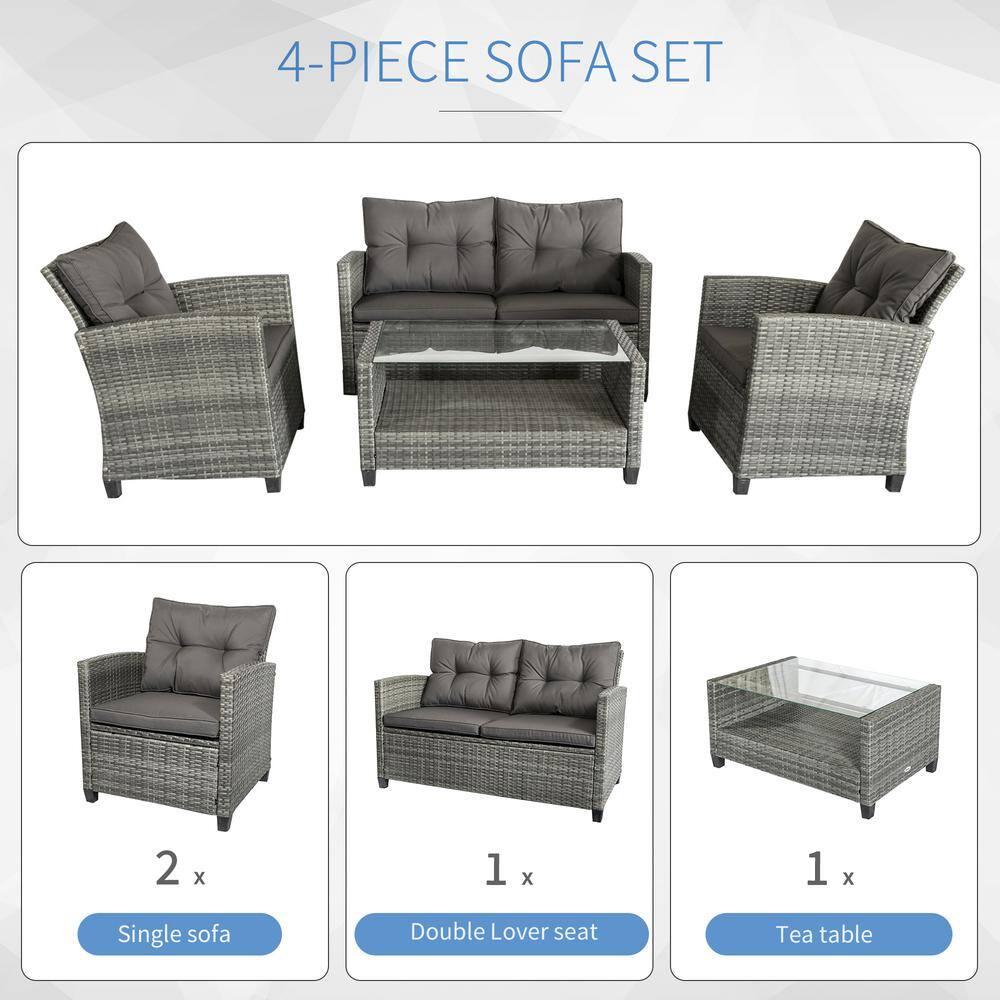 Outsunnny 4 Piece Patio Furniture Set, Outdoor Wicker Loveseat Sofa & Chairs, with 2-Tier Coffee Table & Tufted Cushions, Carbonized