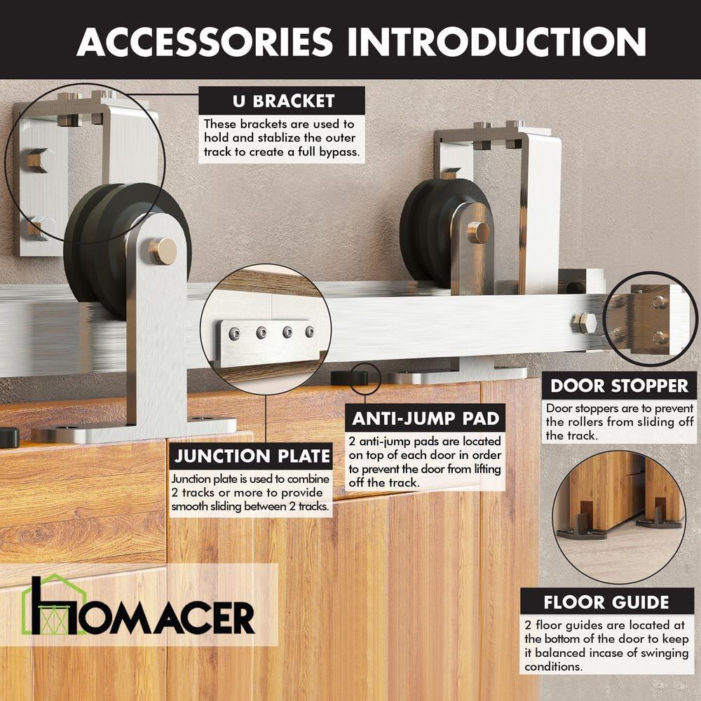 Homacer Brushed Nickel Double Track U-Shape Bypass Sliding Barn Door Hardware Kit, for Two/Double Doors, 6.6ft Long Flat Track, T-Shape Design Roller, Heavy Duty, for Interior & Exterior Use