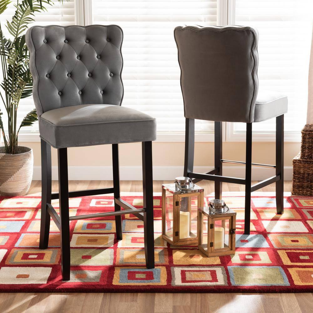 2pc Daphne Velvet Fabric Upholstered and Wood Counter Height Barstool Set Gray/Brown - Baxton Studio: Elegant Tufted Design, Silver-Tone Footrest