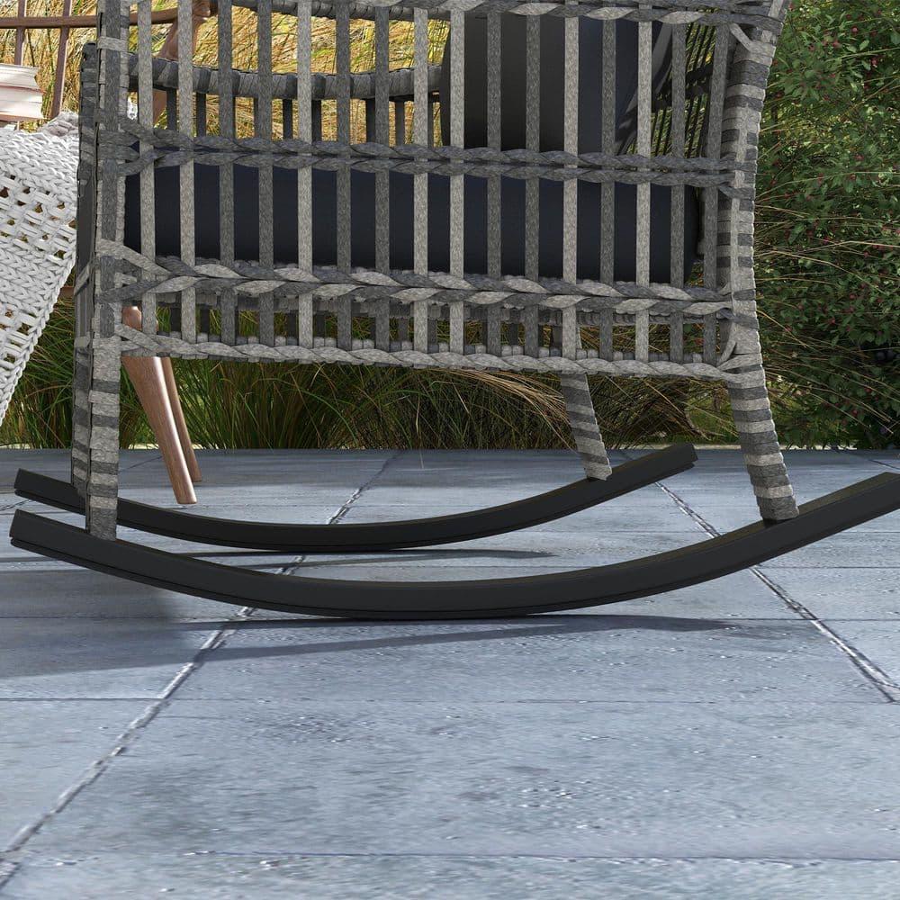 Outsunny Wicker Outdoor Rocking Chair Set, 3 Piece Patio Furniture Set with Padded Cushions and Storage Table, 2-Seater Rattan Bistro Set, Gray