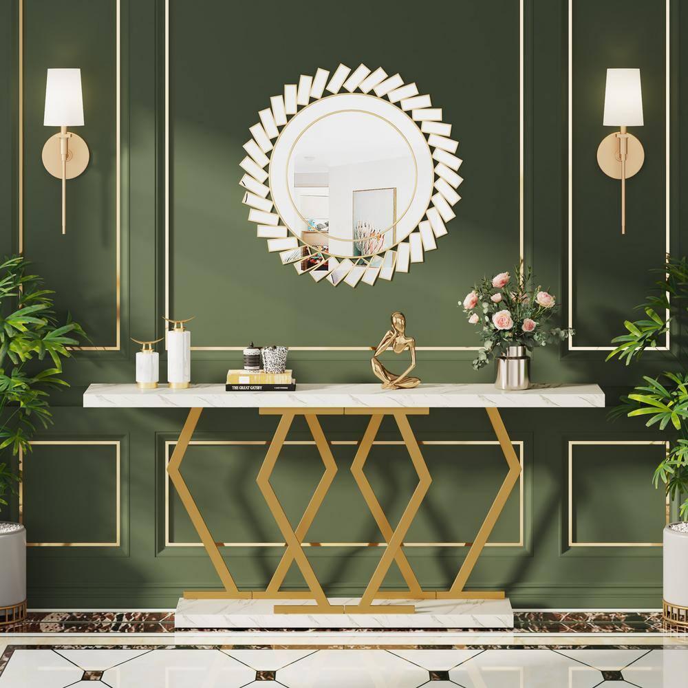 Tribesigns 70.9 Inch Extra Long Sofa Table, Modern Console Table with Faux Marble Tabletop, Long Entryway Table for Entrance, Gold and White