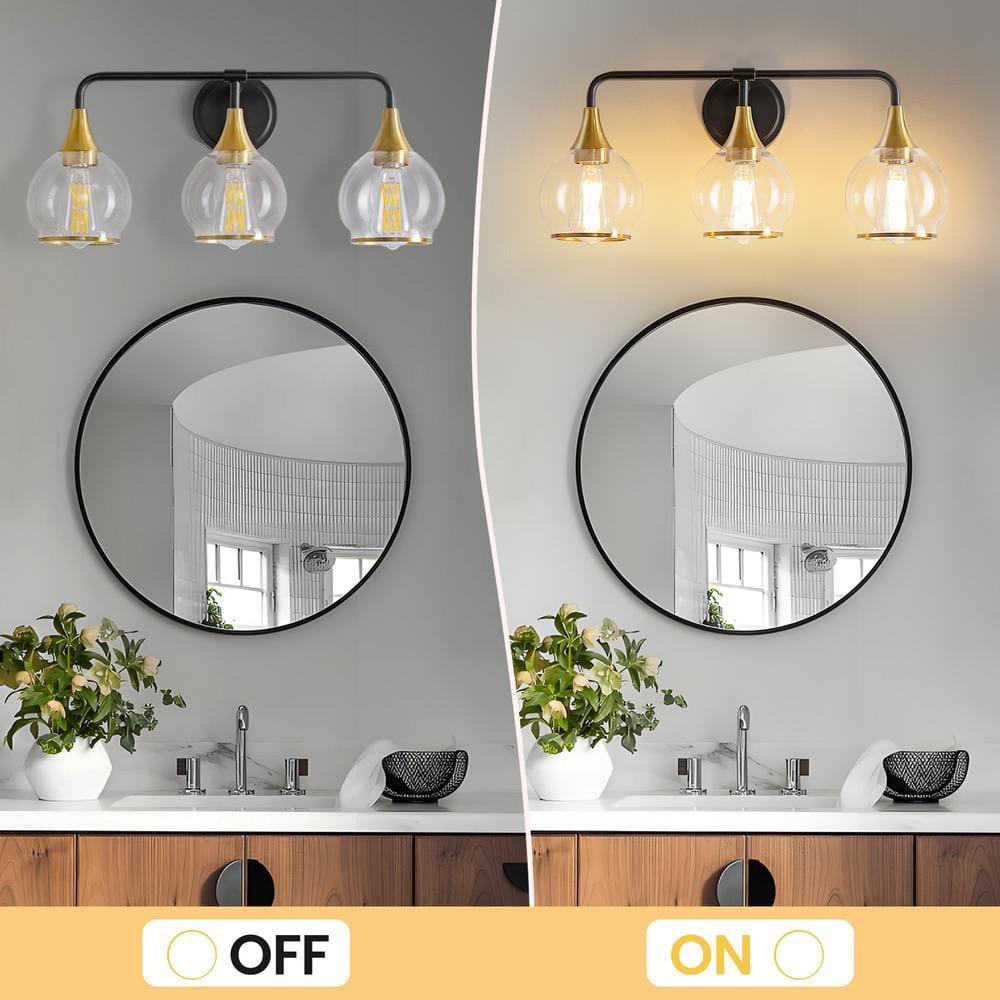KAISITE 3-Light Black & Gold Dimmable Vanity Light with Clear Glass Shades