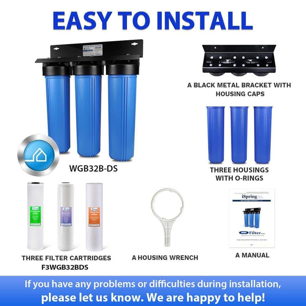 iSpring WGB32B-DS Whole House Water Filter System w/ Sediment, Polyphosphate Anti-Scale, and Carbon Block Water Filters, 3-Stage Water Descaler and Water Filter